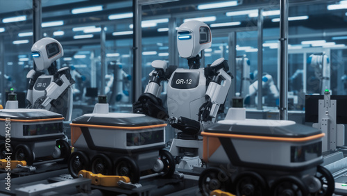Automated Humanoid Machines Work Collaboratively on a Smart Production Line, Assembling Six-wheeled Delivery Robots. Futuristic Footage with Robotics Innovation in an Industry 4.0 Environment