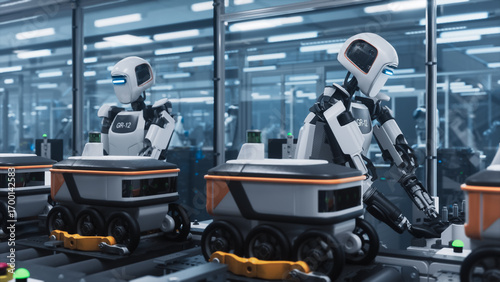 Valokuva Humanoid Robots Operate on a High-Tech Assembly Line in a Factory, Constructing Compact Autonomous Delivery Units
