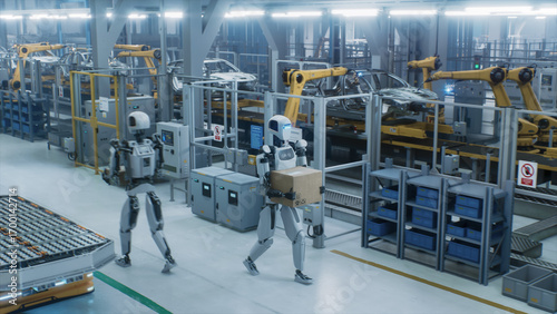 Humanoid Robot Walking with a Box in a Smart Factory with Diverse Automated Robots, Transporters and Futuristic Equipment. Manufacturing Plant with Electric Vehicles on a Production Line. High Angle