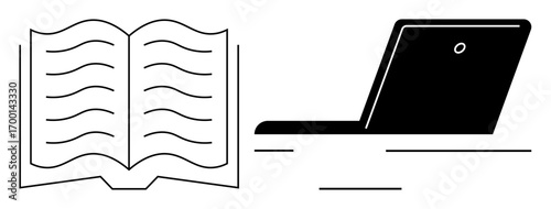Open book with visible text lines next to a laptop on a desk, symbolizing the balance of traditional education and technology. Ideal for learning, education, research, study, innovation