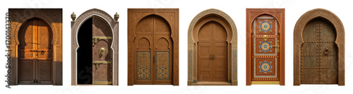 Moroccan door set including ornate, carved, tiled, wooden, and arched styles isolated. Architectural design and cultural decor.