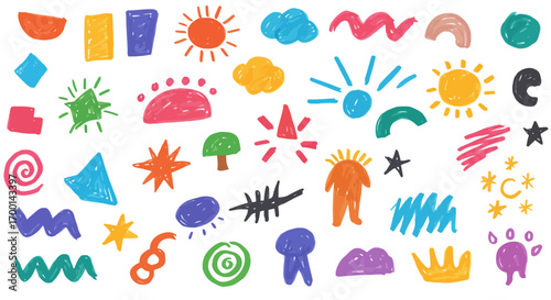 Vibrant childlike doodles and drawings in a variety of colors on a white background
