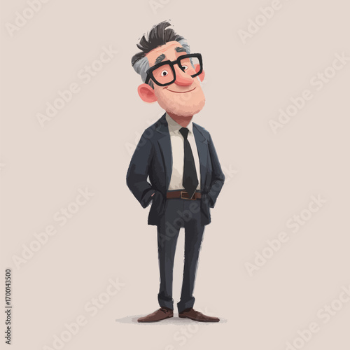 A cheerful character wearing glasses and a suit stands with hands in pockets, exuding a confident presence in a minimalist setting.