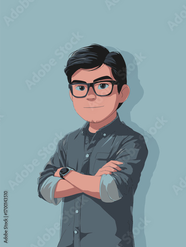 A confident young man stands with arms crossed and a slight smile.