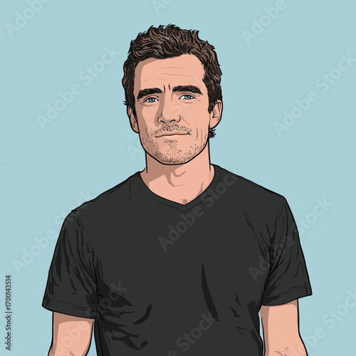 A young man stands confidently, wearing a simple black shirt. His expression is relaxed, and he has short dark hair. The light blue background adds a fresh touch to the look.