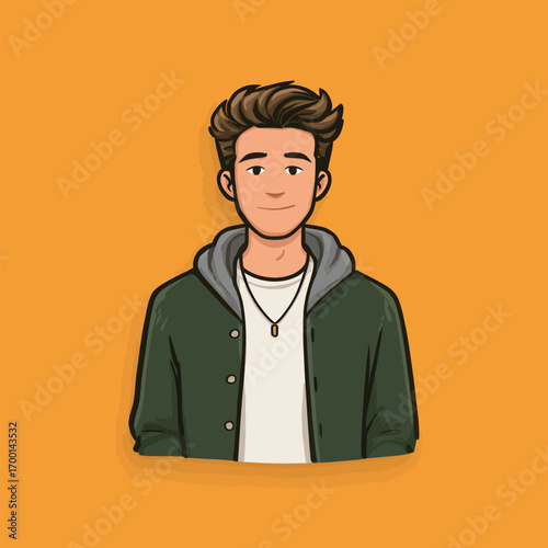 A young man stands with a friendly expression, wearing a green jacket over a white shirt, showcasing a relaxed and approachable demeanor against an orange backdrop.