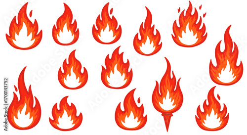 A fiery collection of stylized flame illustrations in vibrant red and orange hues