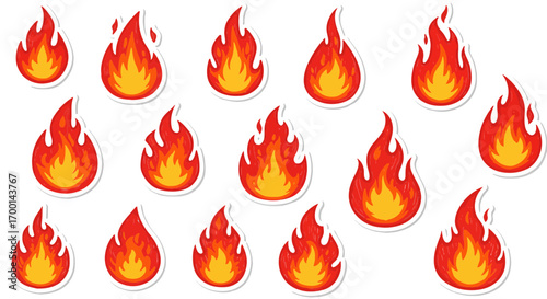 Vibrant and Playful: A Collection of Cartoon Flame Stickers on a White Background