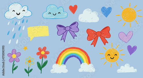 Delightful hand-drawn elements including rainbows, clouds, flowers, and sunshine