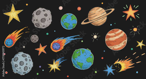 Hand Drawn Universe Illustration with Planets Stars and Comets on Black Background