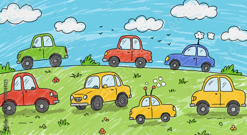 Colorful car illustration, showcasing cheerful automobiles under a bright sky