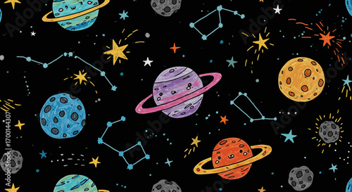 Hand-drawn planets and constellations seamless pattern on a black background