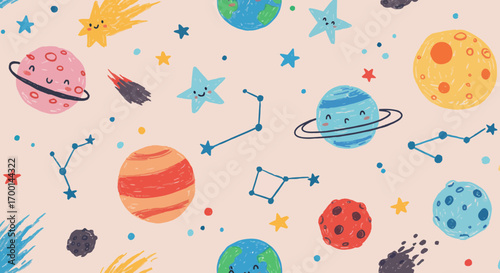Delightful cosmic pattern with planets stars constellations and friendly faces