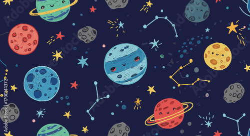 Colorful and Playful Seamless Pattern Featuring Space Elements for Kids Projects