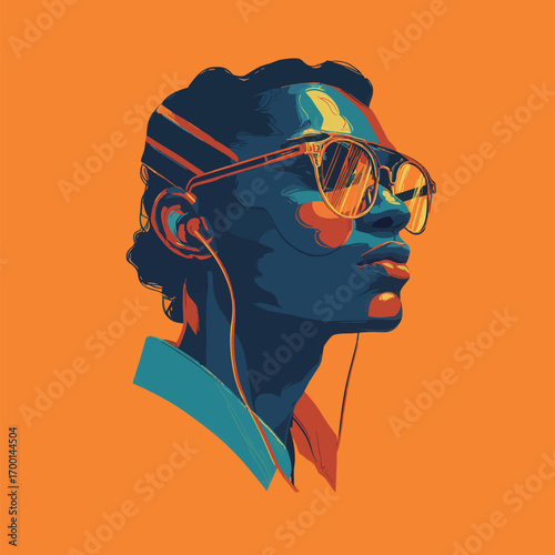 A striking portrayal of an individual with intricate details. They wear stylish sunglasses and headphones, exuding confidence and creativity against a vibrant orange backdrop.