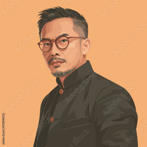 A well-dressed man with glasses poses confidently, showcasing a modern black outfit. The vivid orange background enhances his features and style.