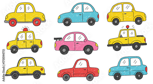Colorful hand-drawn cartoon cars collection perfect for children's illustration projects