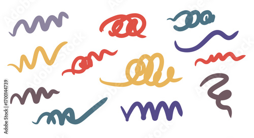 Whimsical and vibrant assortment of diverse colorful hand-drawn squiggle lines