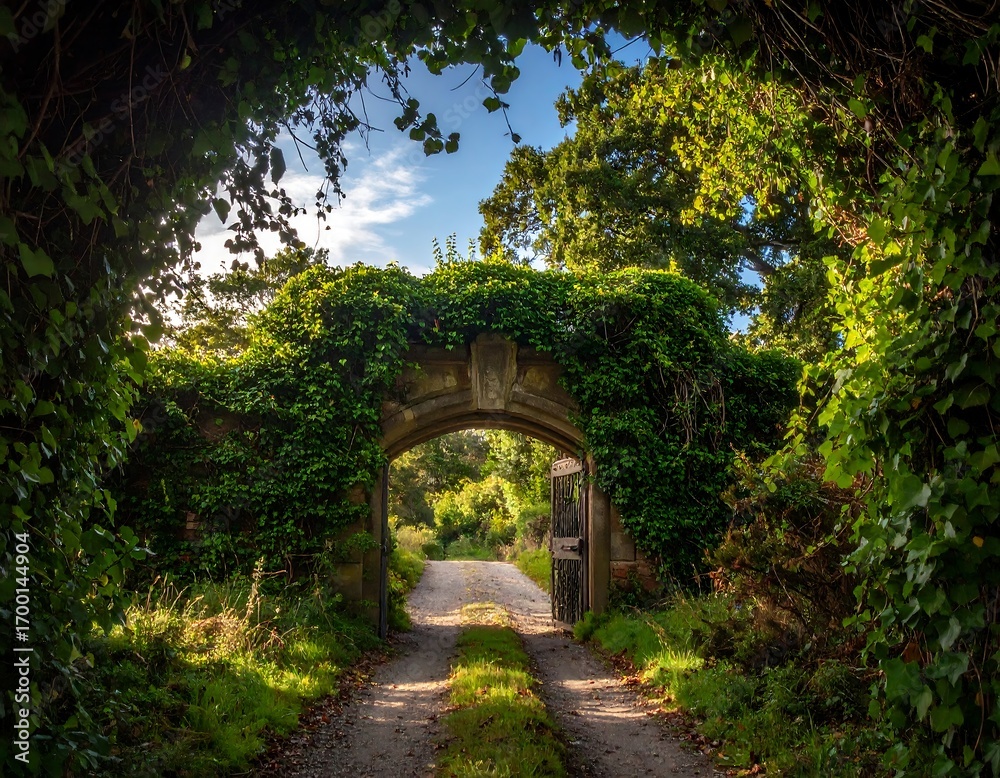 Fototapeta premium Secret garden entrance: Stone archway adorned with vibrant foliage unveils a pathway