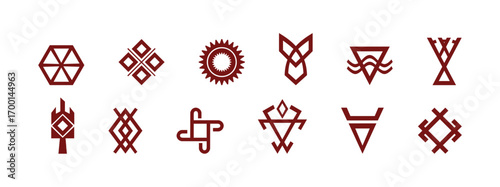 Minimalist red geometric icons representing Slavic deities, clean vector illustration of traditional pagan symbols for cultural and historical projects