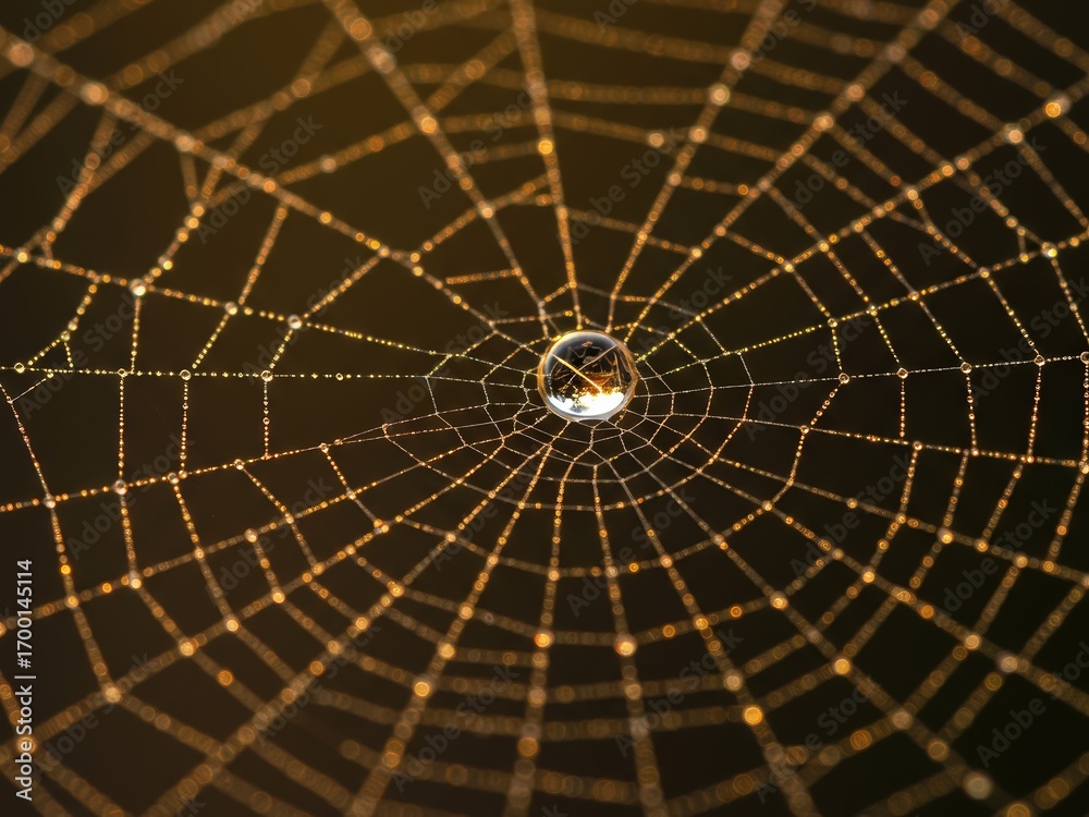 Obraz premium A spiderweb covered in sparkling golden dew drops against a dark background. A central large drop reflects light, creating a beautiful, intricate natural pattern.