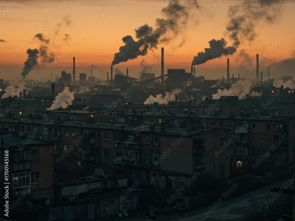 Fototapeta premium A city skyline at dawn/dusk, dominated by towering factory smokestacks spewing dense smoke into an orange sky, with residential buildings in the foreground.