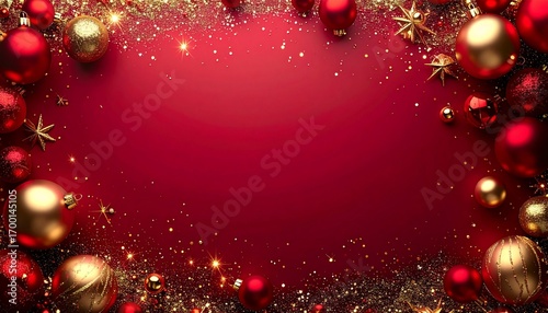 Christmas background with gold and red bauble ornament with glitter and stars frame, blank copy text space in the middle, holiday wallpaper