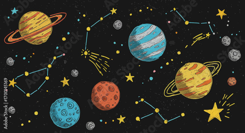 Hand-Drawn Planets Constellations and Stars Seamless Cosmic Pattern on Black Backdrop