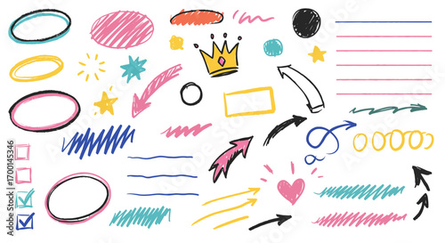 Hand Drawn Doodle Elements: Colorful Arrows, Circles, and Checkmarks for Emphasis and Design