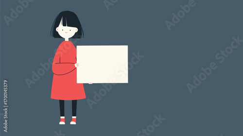 A girl with short black hair dresses in a red outfit while confidently holding a blank sign. The background is a simple gray color, providing focus on her.