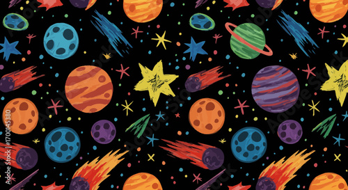 Colorful Planets and Stars Seamless Pattern on Black Background, Space Exploration Theme