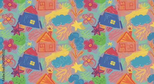 Childlike Illustration Pattern: Houses, Stars, Clouds, and Flowers in Bright Colors