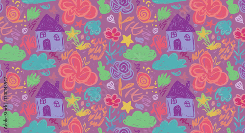 Playful and whimsical hand-drawn pattern featuring houses, flowers, and fun elements