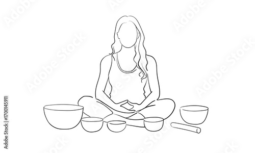 Woman meditating with singing bowls isolated on white background. Relax line art drawing. Vector illustration	