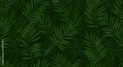 Seamless dark green tropical leaf pattern evoking lushness and tranquility