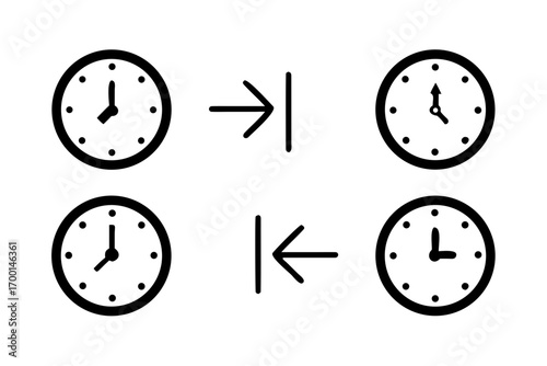 A vector icon set of clocks with different faces, hands, and alarm symbols