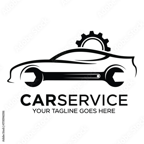 Automotive car service logo silhouette featuring a sports car wrench and gear symbols for mechanics vector
