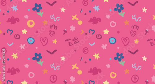 Playful doodle seamless pattern with colorful elements on vibrant pink background