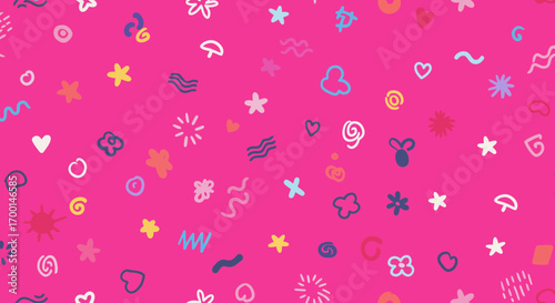 Playful doodle pattern on vibrant pink background creates fun and energetic atmosphere