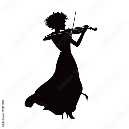 A talented musician plays the violin gracefully, wearing a flowing dress that accentuates her movement. The curly hair adds a touch of elegance to this artistic moment.