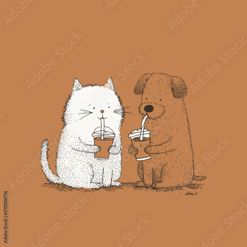 A fluffy white cat and a brown dog sit together, happily sipping cold beverages with straws in a warm, inviting color atmosphere.
