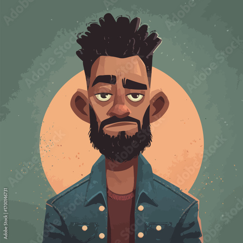 A young man with a dark beard and textured hair gazes directly at the viewer. He wears a denim jacket over a simple shirt, set against a muted circular backdrop.