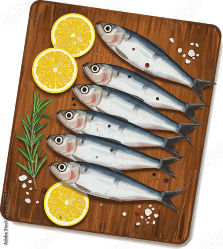 Fresh Sardines on a Rustic Wooden Board with Lemon and Herbs