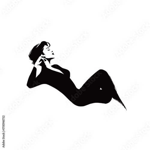 A relaxed woman is depicted in a stylish silhouette, reclining gracefully with an air of sophistication. The minimalistic design emphasizes elegance.