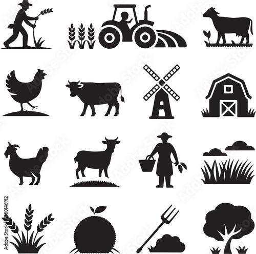 Farm and Agriculture Icons Silhouette Collection With Tractor And Animals Keywords: agriculture