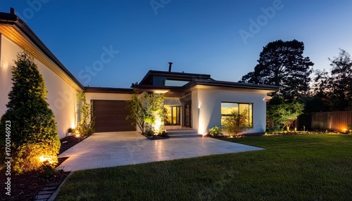 luxurious modern house exterior with elegant lighting and garden landscaping in the evening