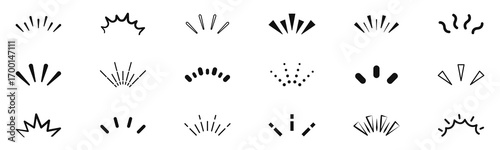 Doodle sparkle and rays set. Explosion, sunburst, surprise, firework, shine, twinkle, confetti. Trendy bursting rays design elements. Vector illustration.