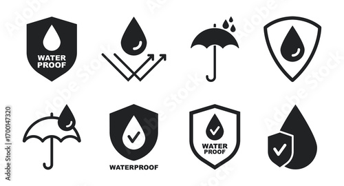 Waterproof icons. Water Proof sign collection. Water resistant symbol. Water protection icon with shield. Used for package. Vector illustration.