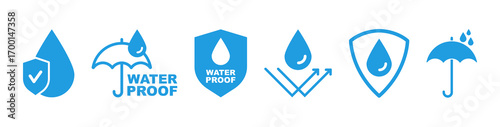 Waterproof icons. Water Proof sign collection. Water resistant symbol. Water protection icon with shield. Used for package. Vector illustration.