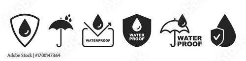 Waterproof icons. Water Proof sign collection. Water resistant symbol. Water protection icon with shield. Used for package. Vector illustration.